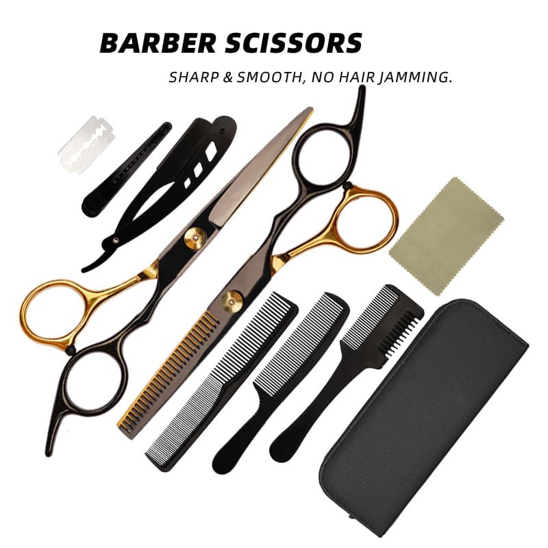 Home Hair Cutting Scissors Black Gold Edition Stainless Steel Integrated Flat Tooth Professional Hairdressing Scissors for Stylists and Barbers