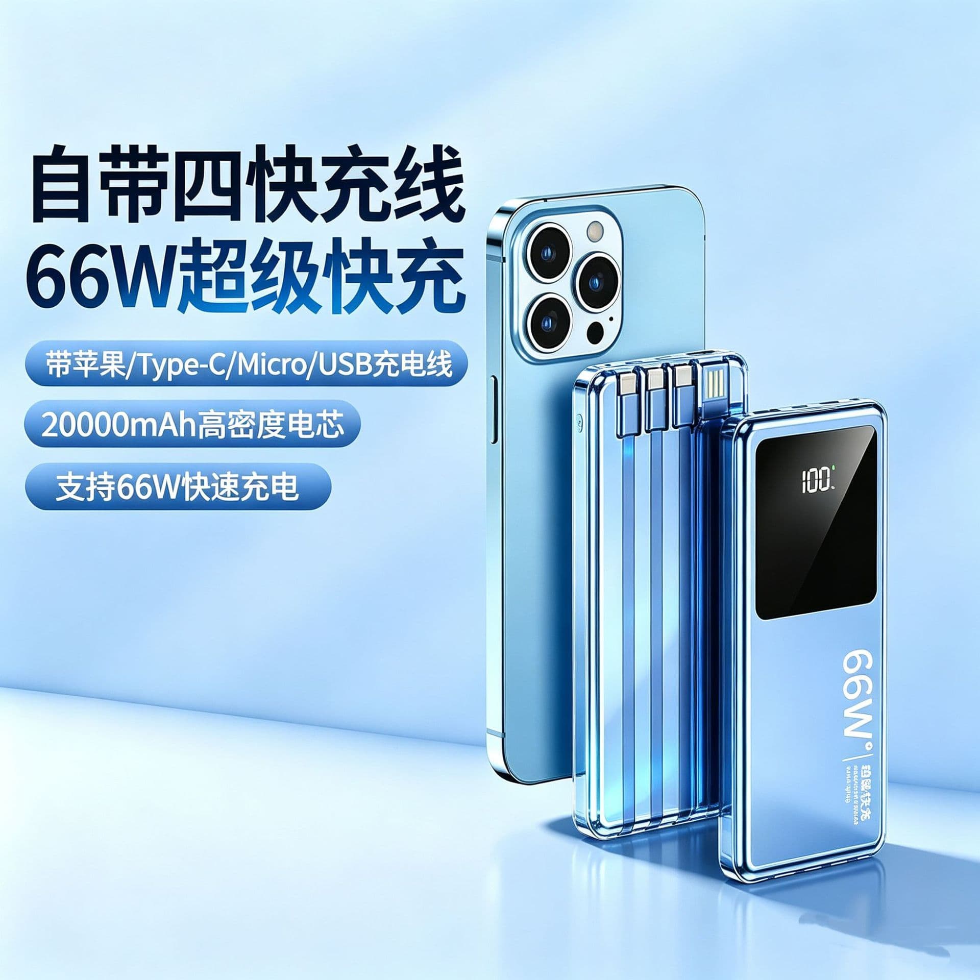 National standard 3C certified 66W super fast charging power bank with built-in cable 20000 mAh portable power bank customized