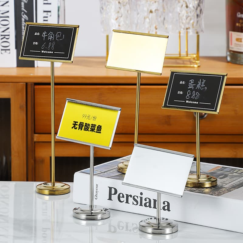 Restaurant stainless steel table number signs, table cards, standing menus, buffet menu clips, banquet display boards, table card holders