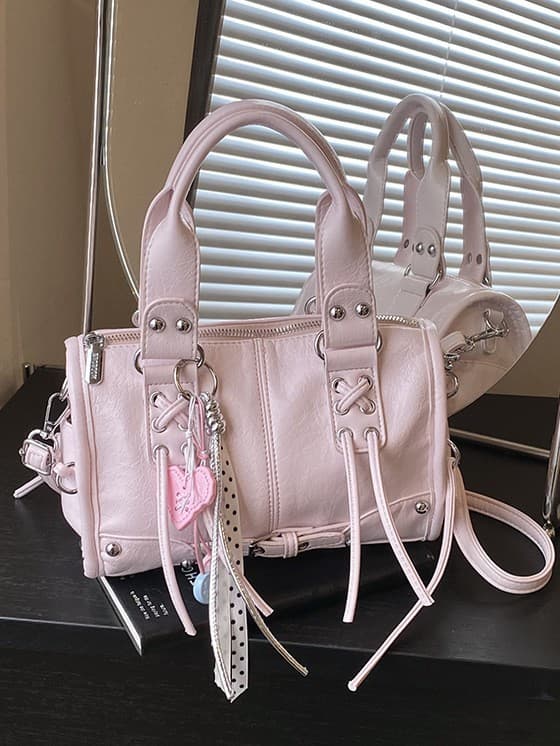 2026 Spring New Pink Motorcycle Bag Tote Bag with Rivet Tassel Decoration Commuter Bag Fashion Versatile Crossbody Bag