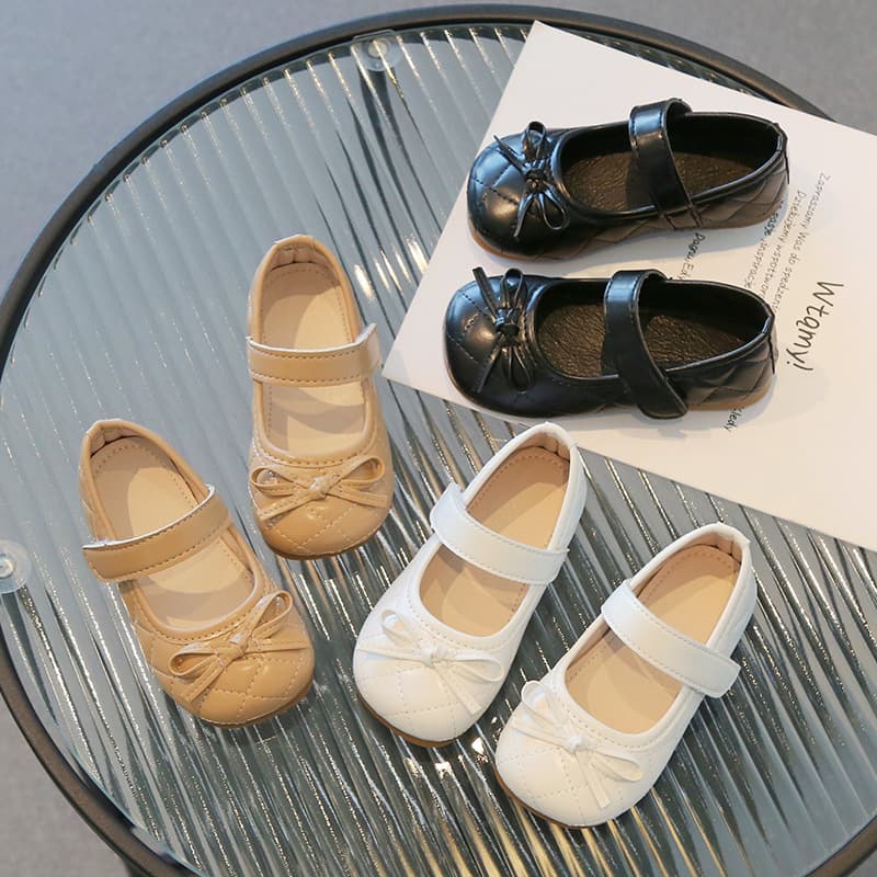 2025 Spring/Autumn New Girls Bow Princess Shoes Fashionable Leather Shoes Shallow Casual Style with Magic Tape Children's Shoes