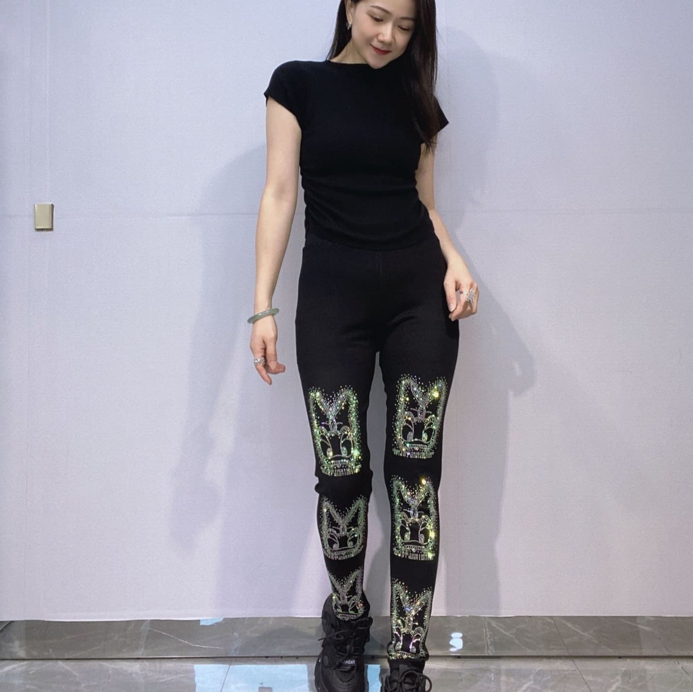 Spring/Autumn Cotton High-Waist Slim Fit Plus Size Leggings Women Heavy Rhinestone Slimming Black Wear-Out Pencil Pants