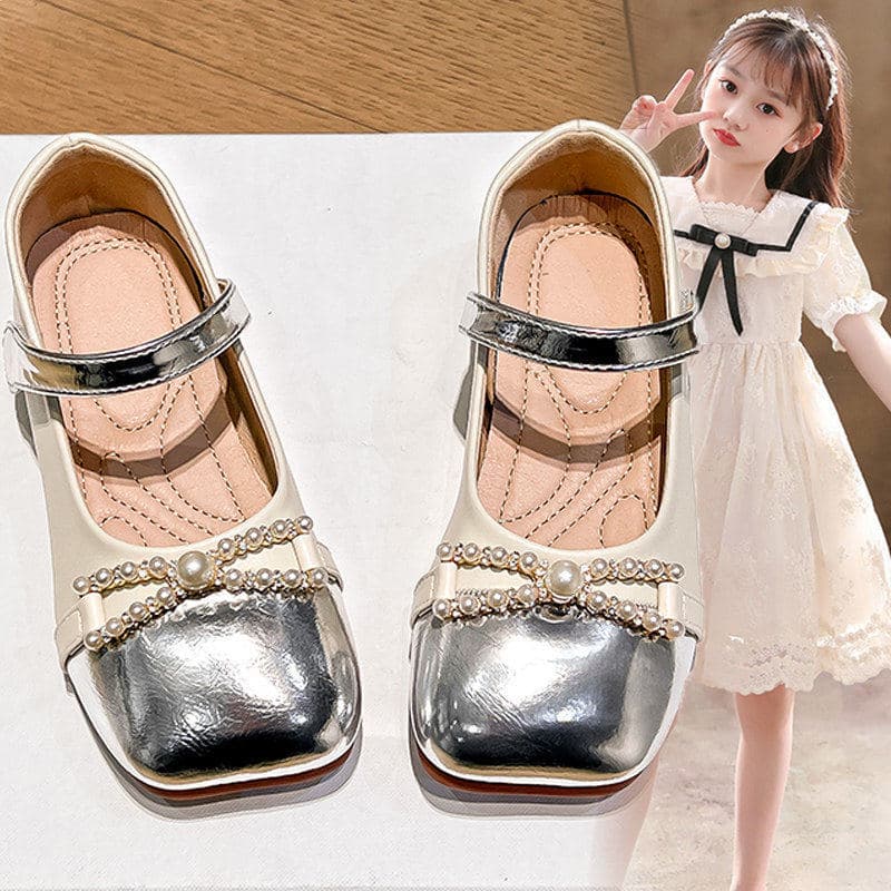 Mumu Girls Leather Shoes 2026 New Summer Children's Pearl Soft Sole Princess Shoes for Party Dress Performance