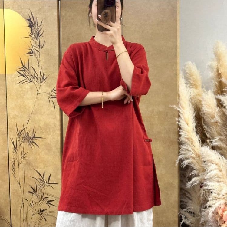 2025 New Chinese-Style Women's Summer Retro Stand Collar Buttoned Three-Quarter Sleeve Shirt Women's Cotton Linen Mid-Length Top