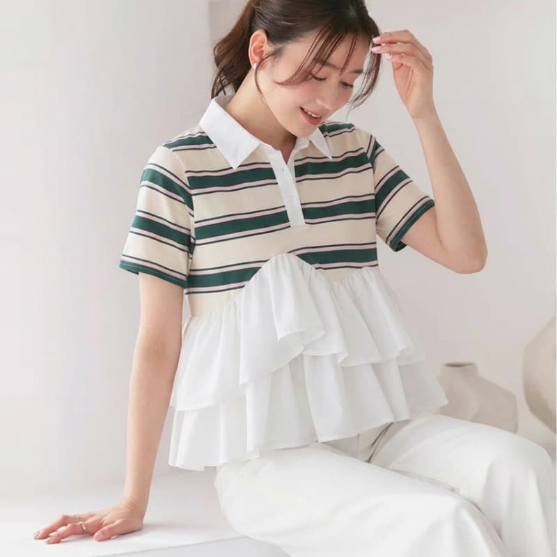 Actual shot, large quantity, new summer style striped stitching, stand-up collar, women's cotton short-sleeved T-shirt, lapel cotton top