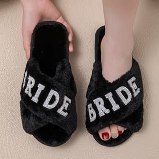 BRIDE IDO MRS Pearl Letter Bride Plush Slippers, Party Gift, European and American Cross-Border Hot Selling Fuzzy Slippers