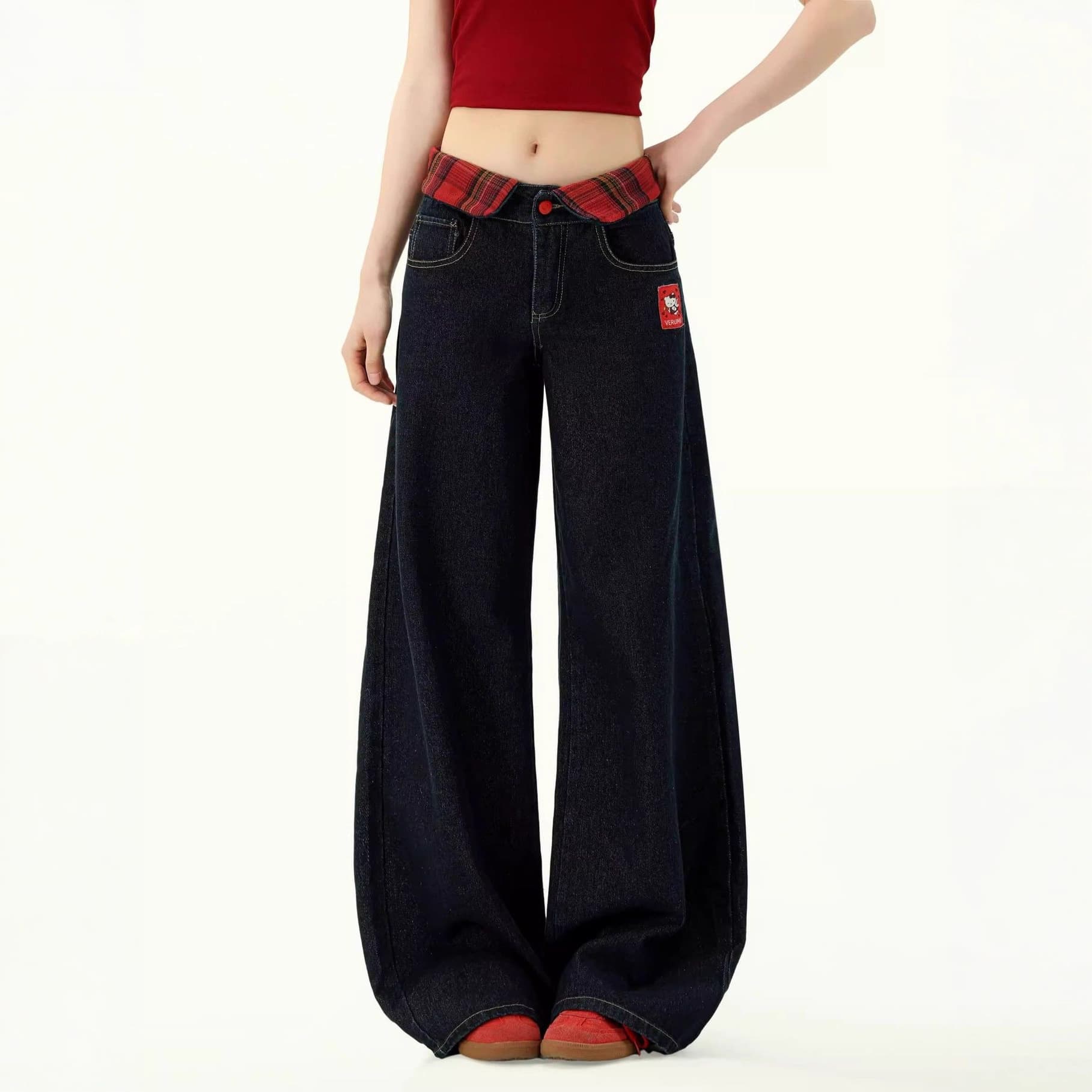 [Han Niu] American cat embroidered high-waisted wide-leg jeans for women 2025 new autumn loose straight pants