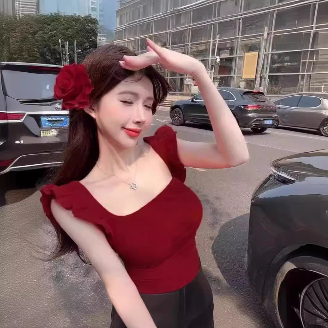Slimming Fit Red Wine T-Shirt Square Collar Mini Fly Sleeve Short Sleeve Cotton Blend Street Style Sexy Trendy Women's T-Shirt