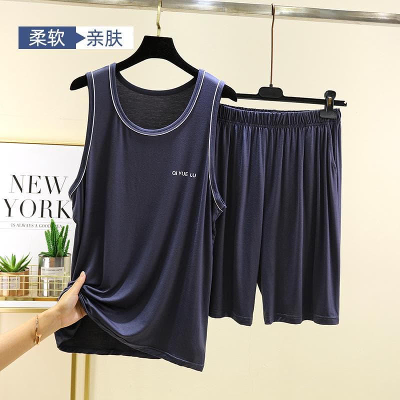 Men's Round Neck Vest and Shorts Modal Sports Tank Top Set Summer Plus Size Ice Silk Home Pajamas