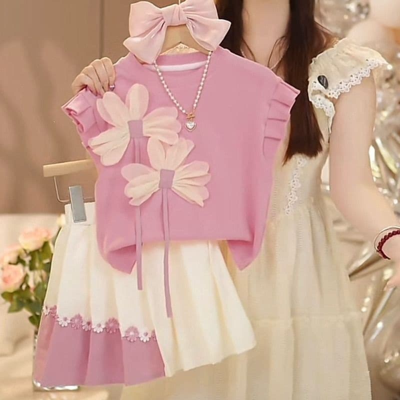 Girls summer dopamine suit 2026 new big children summer short-sleeved pleated skirt two-piece set thin section