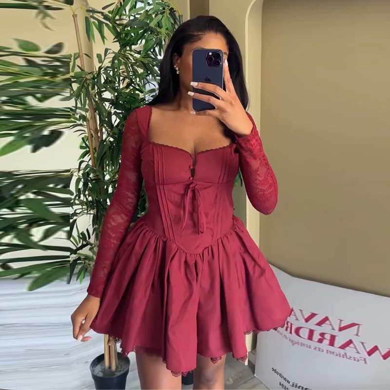 European and American Women's Fashion 2025 Summer New Sweet Fresh Tie-Front Square Neck Lace Long Sleeve High-Waist A-Line Dress Mini Skirt