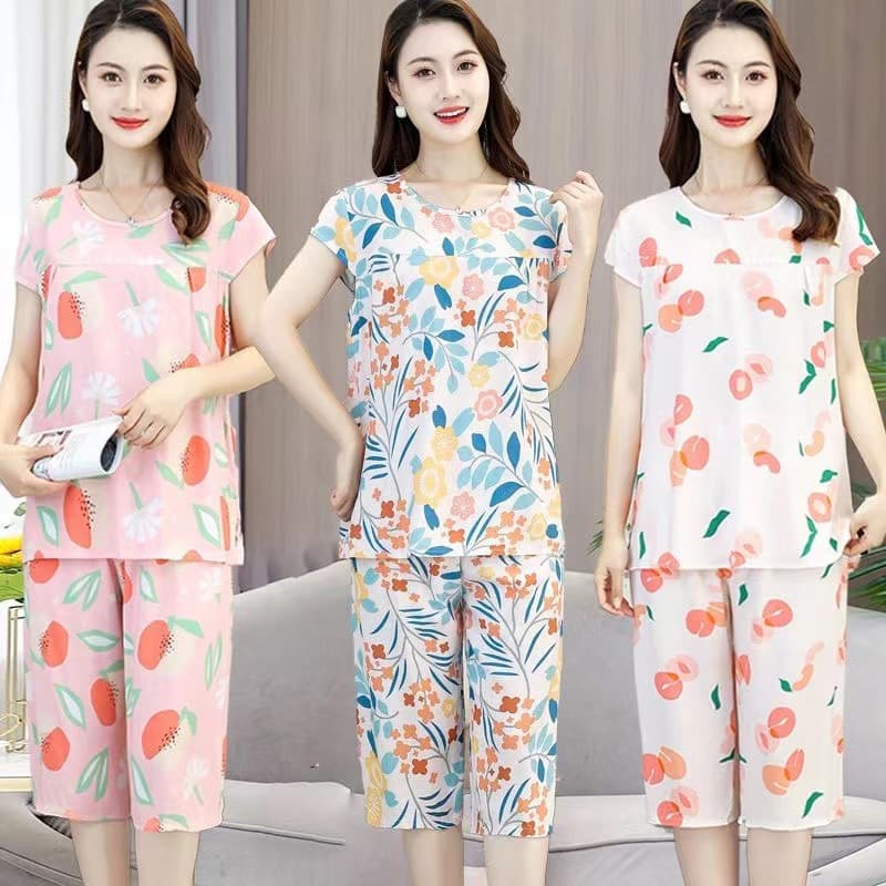 Women's Cotton Silk Pajamas Summer Thin Middle-aged and Elderly Artificial Cotton Homewear 2023 New Short Sleeve Two-Piece Set