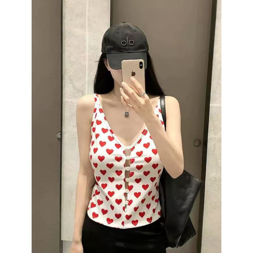 Super Hot Item~ Shop Owner Recommended! New Stylish Button Heart Print Slim-Fit Short Camisole Top