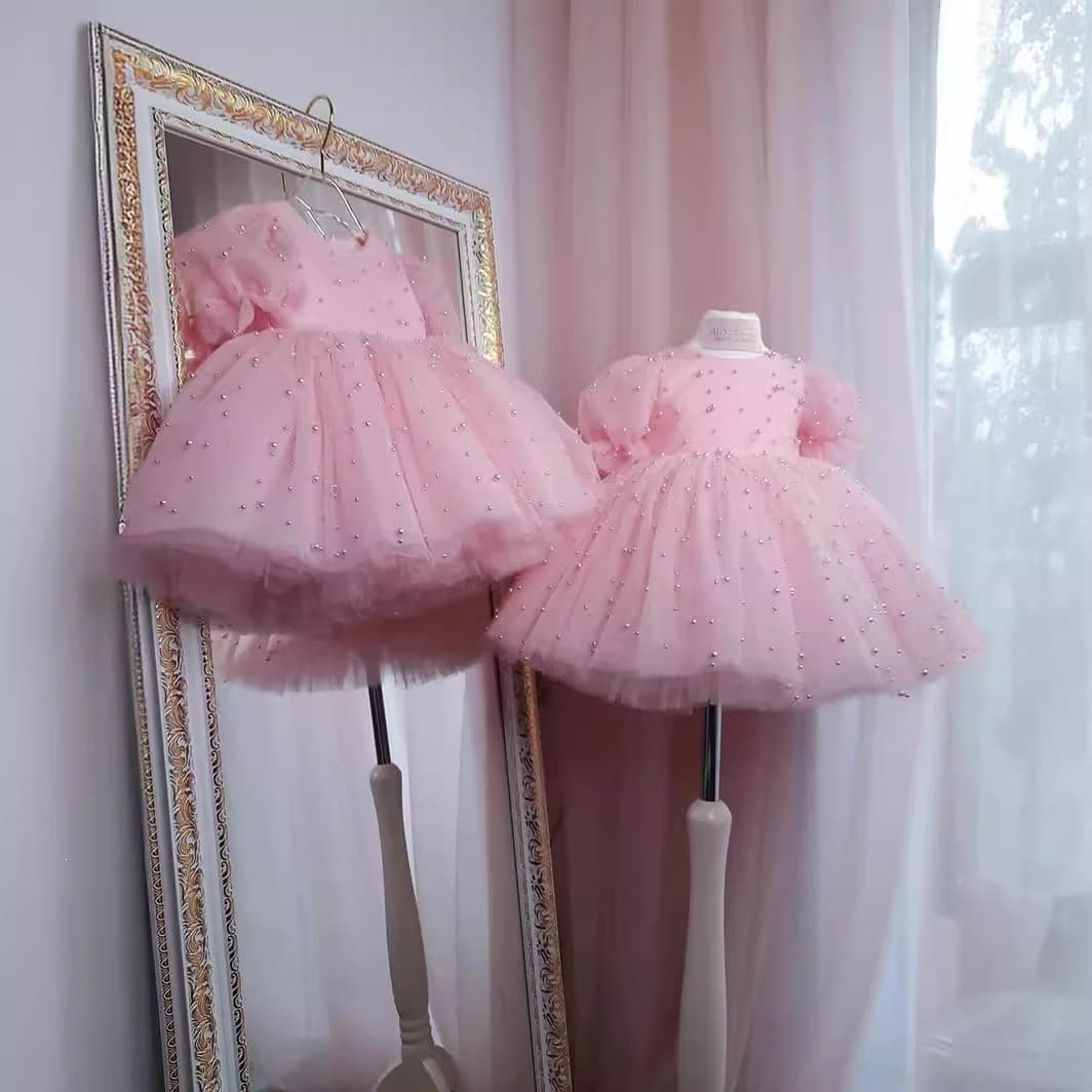 Girls Party Dress Short Sleeve Children Host Piano Performance Outfit Birthday Flower Girl Tutu Tulle Princess Dress