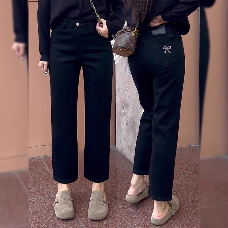 Spring New Style Black Nine-Point Cigarette Pants for Women Plus Size Chubdy Pear Body Shape Slim Straight Leg Jeans