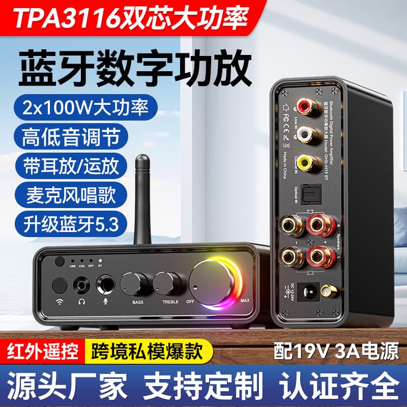 Home Mini Digital Amplifier 200W Hi-Fi Bluetooth 5.3 Stereo Power Amplifier