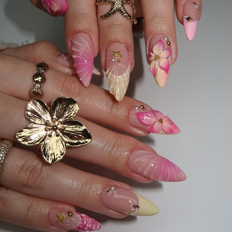 Wearable manicure three-dimensional starfish gorgeous pearl flower fake nail patch removable wearable nail patch 24 pieces batch