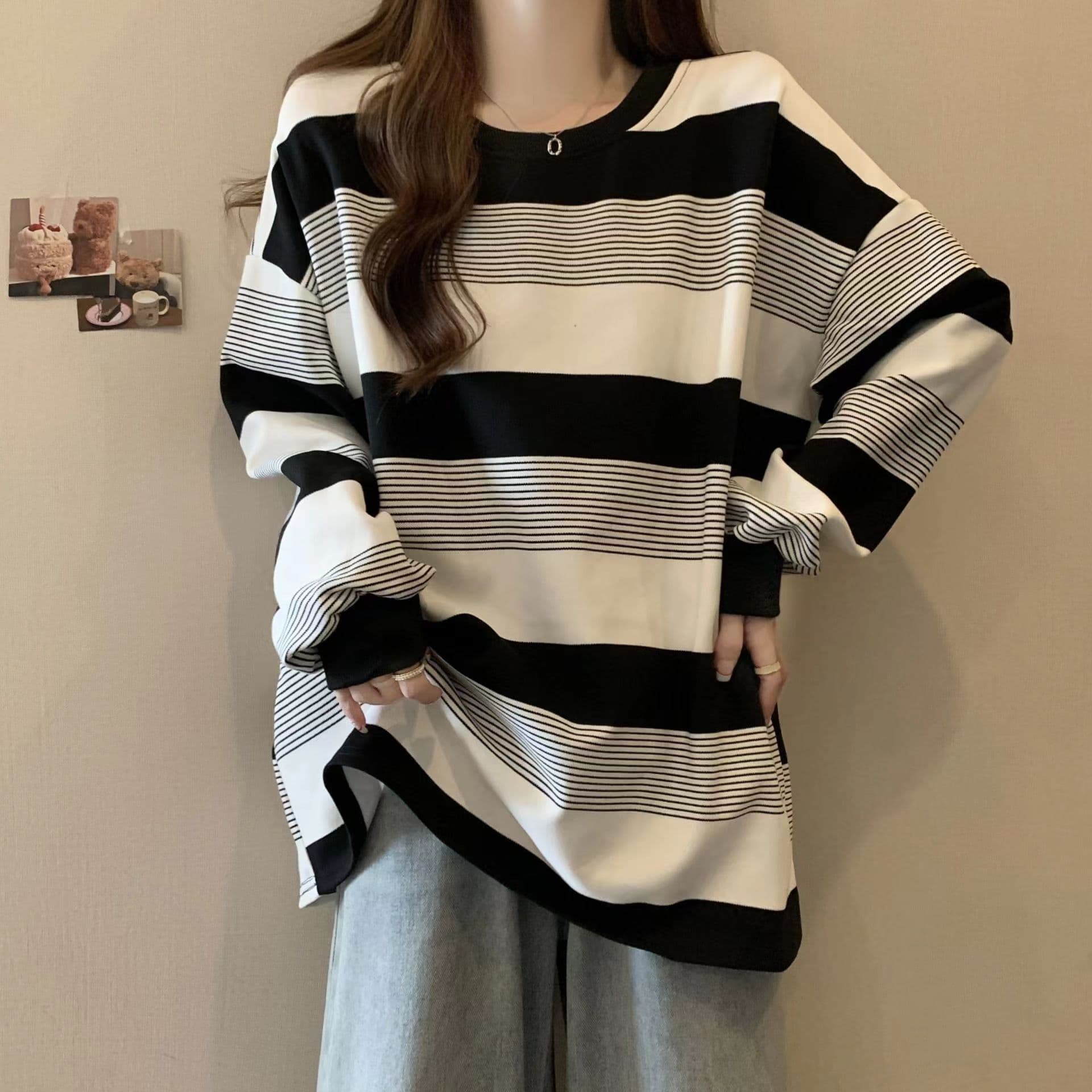 American Retro Oversize Striped Sweatshirt for Women, Spring/Autumn Thin Style, Loose BF Lazy Fit, Niche Long-Sleeve Top