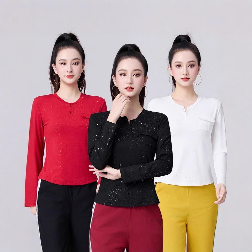 Women's Square Dance Long-Sleeve T-Shirt: Autumn/Winter Design, Simple and Versatile Pocket Henley Top Base Layer