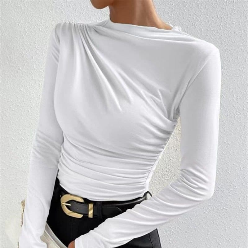 New European and American Style Solid Color Pleated High Neck Slim Fit Long Sleeve T-Shirt Top for Fall and Winter, Cross-Border Versatile Design