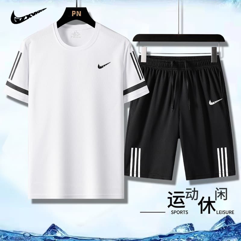 2026 New Summer Ice Silk Men's Loose Two-Piece Running Suit Quick-Dry Sports Short Suit