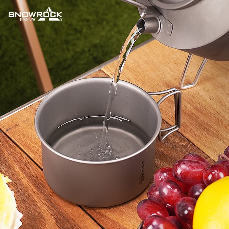SNOW ROCK Pure Titanium Bowl 1000ml Right Angle Handle with Lid Mug Bowl Outdoor Camping Portable Picnic Tableware