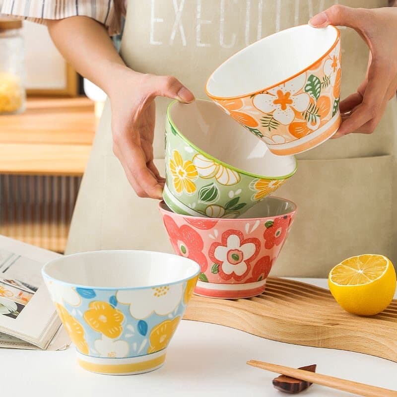 Bowl, good-looking household bamboo hat bowl, rice bowl, floral rice bowl, anti-scalding salad bowl, internet celebrity dessert bowl, ceramic tableware