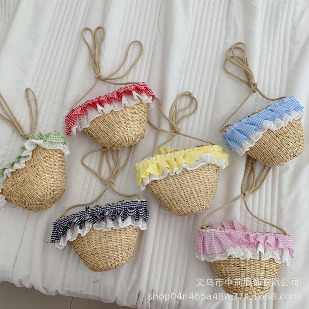 Children's shoulder bag sweet plaid lace skirt straw bag girl baby concave shape photo catwalk crossbody bag