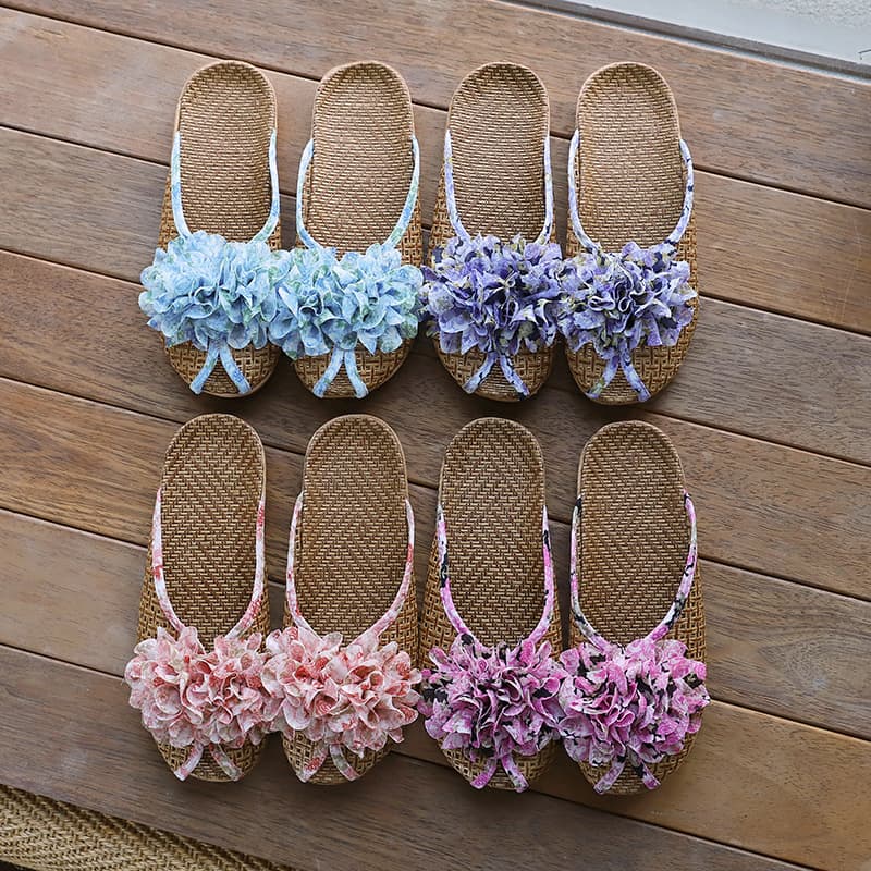 Cross-border Summer Rattan Woven Slippers for Couples, Breathable, Non-slip, Hydrangea Decoration, Indoor Sandals