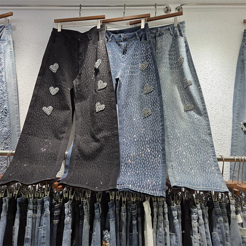 2026 Autumn New American Street Brand Loose Straight Black Washed Denim Long Pants Heart Rhinestone Wide-Leg Jeans Women
