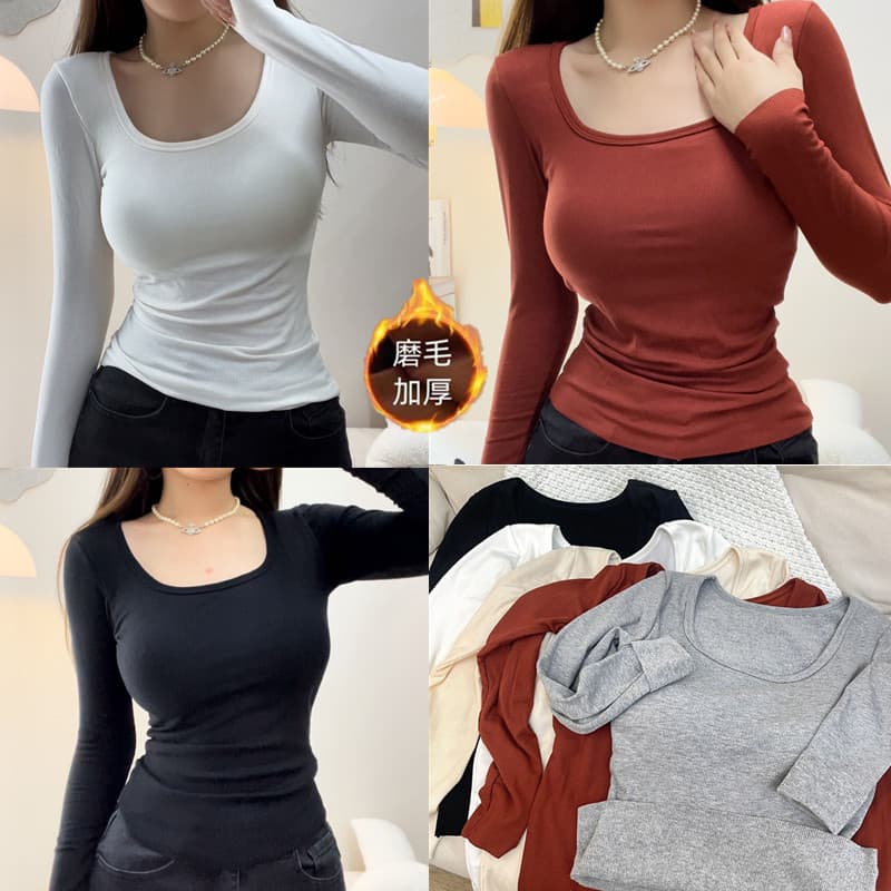 9913# Thermal Square Neck Fleece-Lined Solid Color Top with Built-in Pads Long Sleeve Women's Undershirt T-Shirt