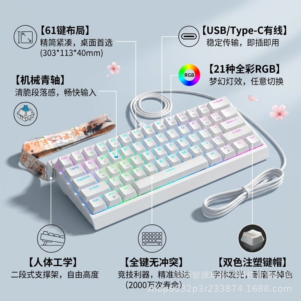 61-Key True Mechanical Keyboard Wired RGB Backlit Office Gaming Compact Portable Ribbon Cross-Border Wholesale
