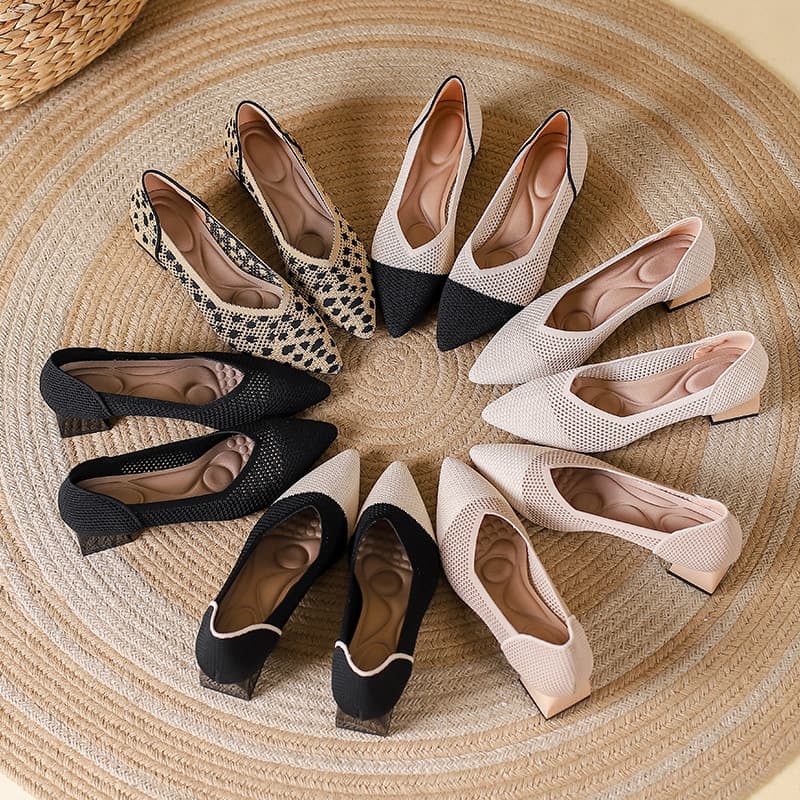 Comfortable Knitted Hollow out Fashion Color Block Women's Shoes 2022 Spring Season Casual Style mid Heel Rubber Outsole