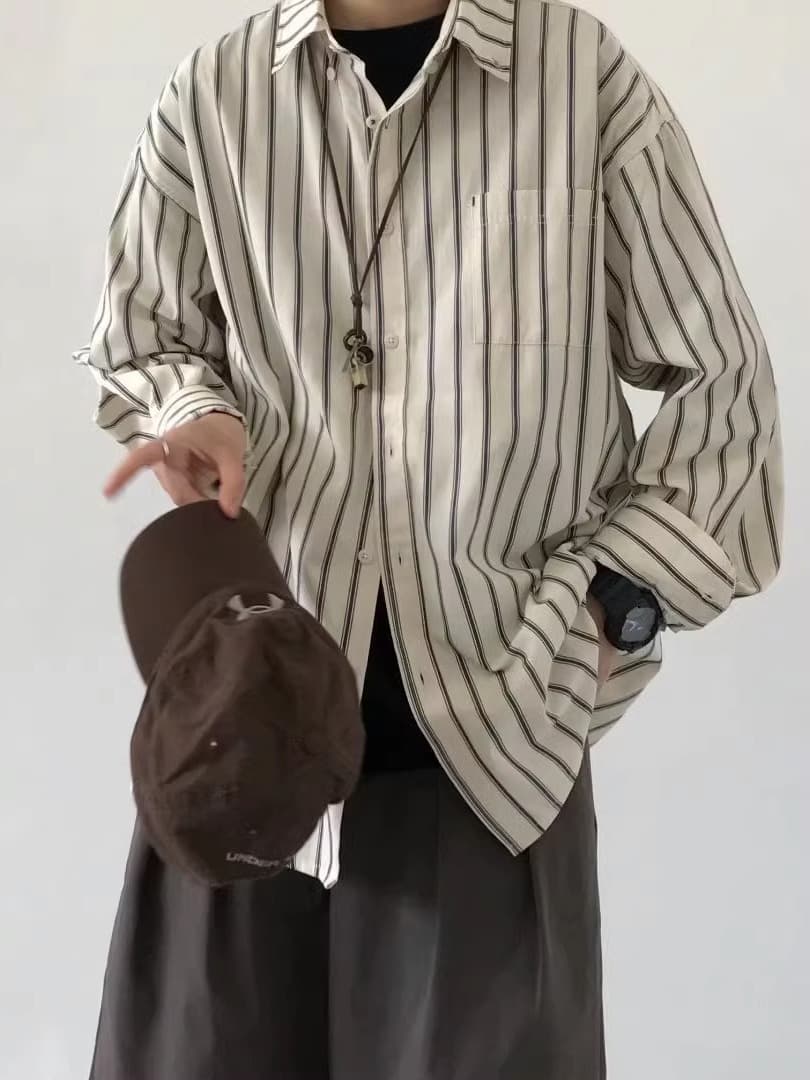 Unisex Striped Long Sleeve Shirt for Men, Japanese Vintage Layering Top, Designed with a Sense of Style, Niche Inner Wear or Outerwear for Spring and Autumn