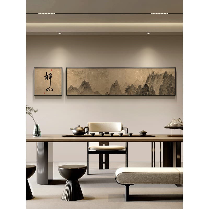 Tranquil and calming calligraphy and painting, tea room wall hangings, new Chinese style decorative paintings, landscape paintings, living room horizontal murals, study double-panel paintings