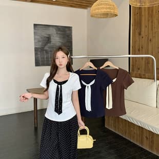 2026 Summer New Plus Size Women Korean Style Faux Two-Piece Polka Dot Tie Short Sleeve Blouse