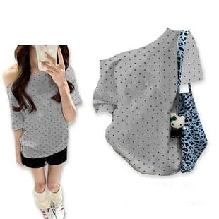 Asymmetric Shoulder Pure Cotton American Style Cool Girl High-End Polka Dot Top T-Shirt Summer 2026 Sweet Cool Lazy Commuter Short Sleeve Plain Version