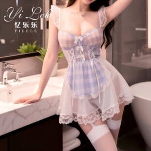 Yilele New Lingerie Pure Desire Sexy Lingerie Blue Lattice Maid Pure Desire Sexy Set Thin