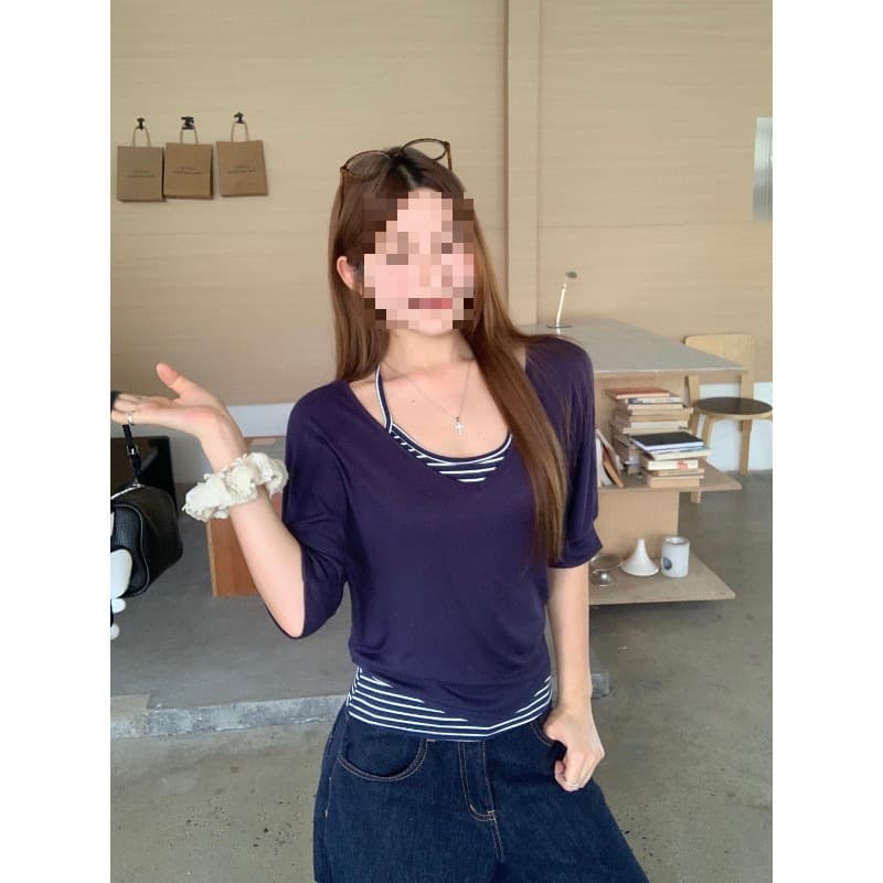 MR【Free Cut】Set White V-Neck Short Sleeve Top Women's Summer Contrast Stripe Camisole Two-Piece Set