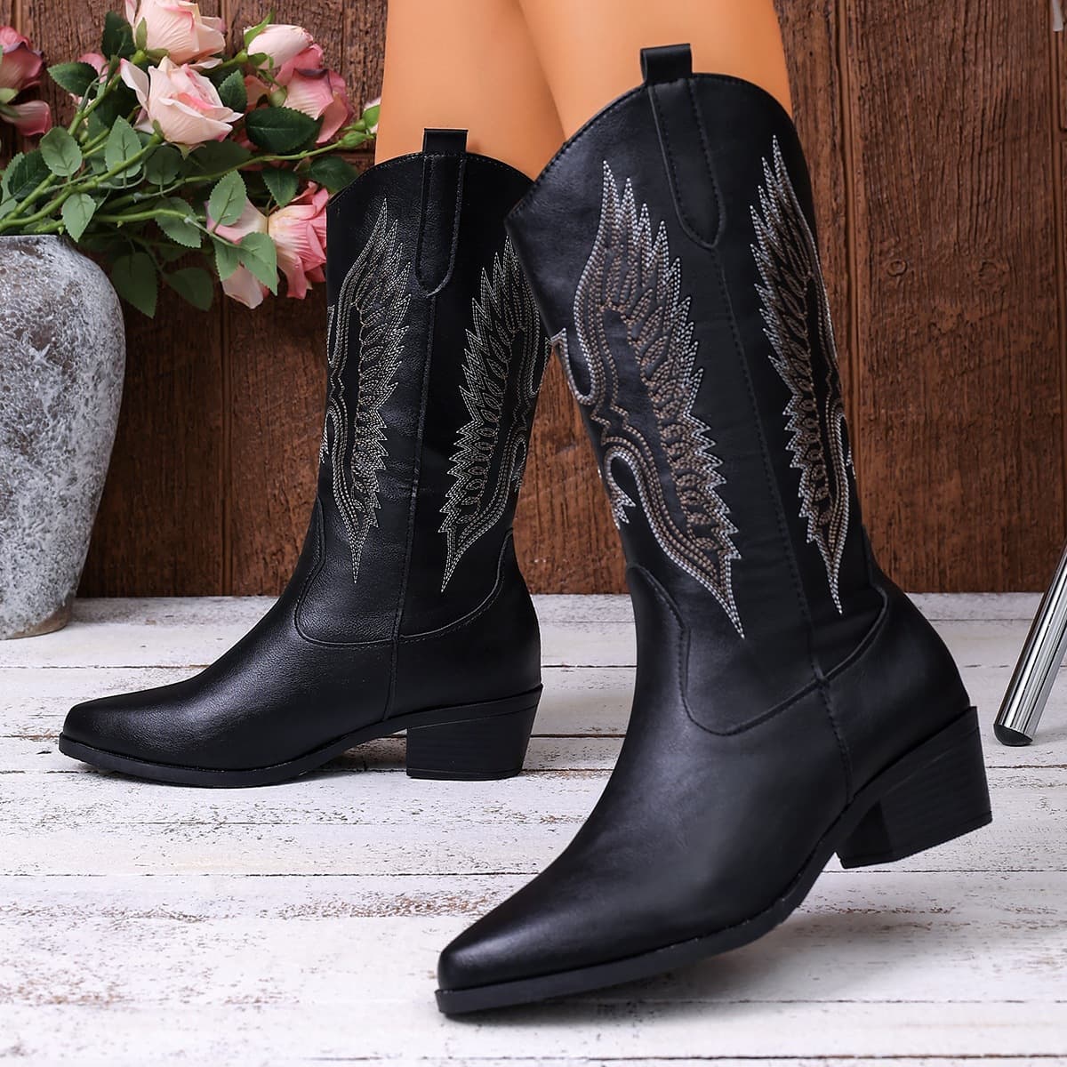Cross-Border Autumn Fashion Embroidered Women's High Heel Western Boots in White, Dark Brown, Black for Adults