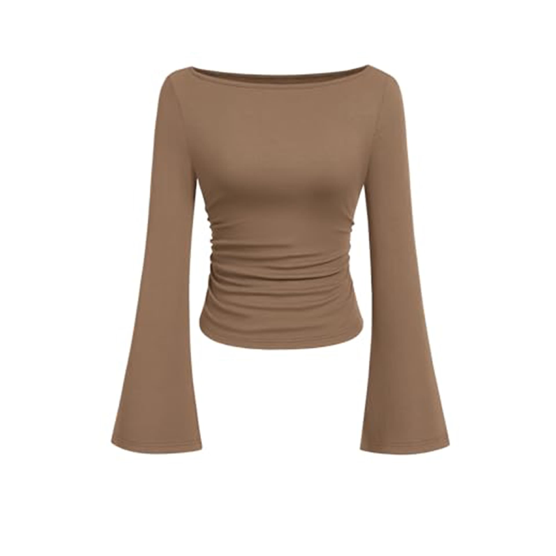 European and American Style Solid Color Boat Neck Flared Sleeve T-Shirt for Women 2025 Autumn Fitted Pleated Slimming Long Sleeve Top