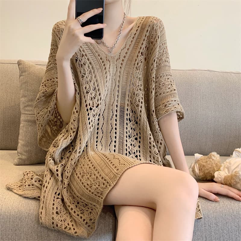 Niche Unique and Chic Hollow Style Thin Pullover Sweater 2024 Summer Loose Base Shirt Top Women's Blouse