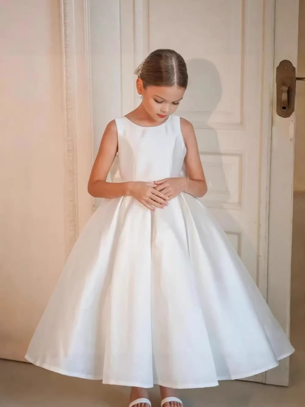 Foreign Trade Cross-Border Girls Solid Color Evening Dress Amazon Kids Minimalist Satin Runway High-End Light Luxury Princess Dress