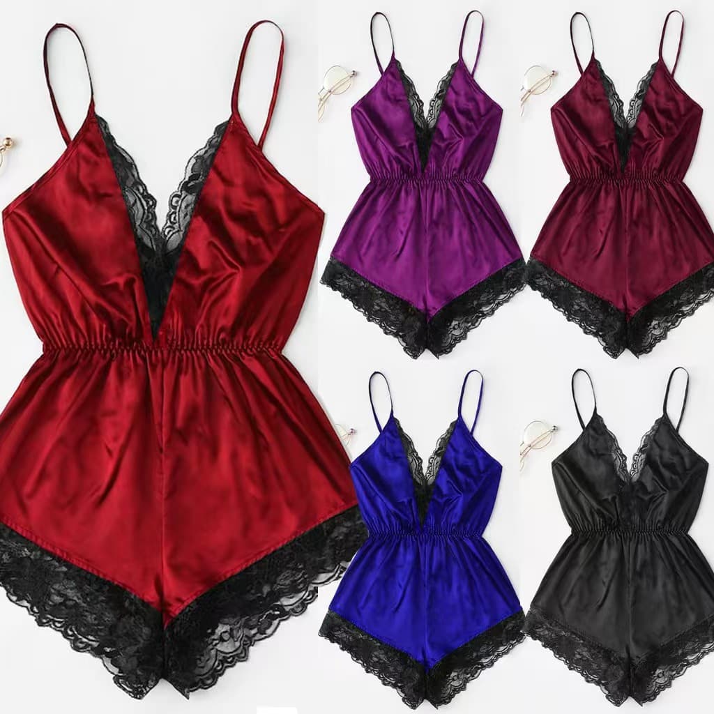 European and American New Sexy Lingerie Homewear Lace Camisole Patent Leather Bodysuit Lace Nightgown