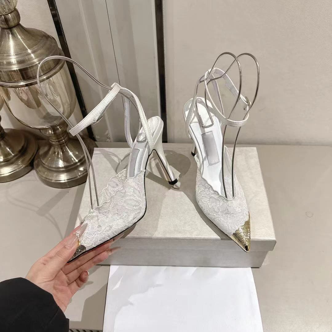 2026 Pointed Toe Solid Lace Shallow Fashion Sexy Fairy Style Metal Heel Wedding High Heels