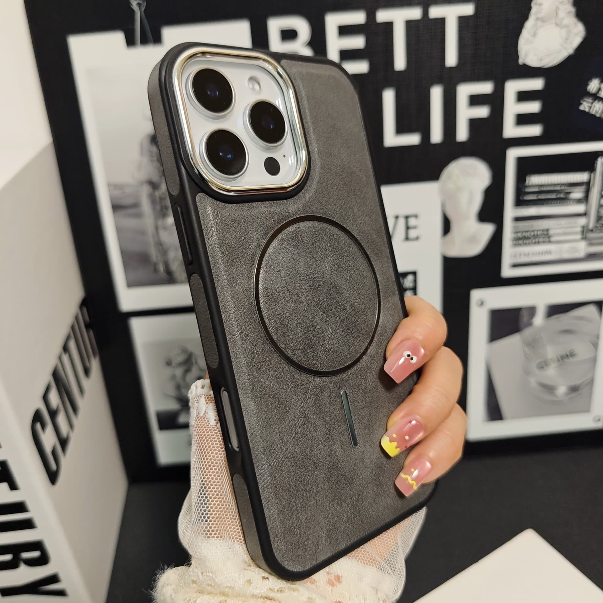 Plain Leather Magnetic Iphone17Promax High-End Phone Case Suitable for Apple 16 Anti-Slip Protective Cover Anti-Fall 15