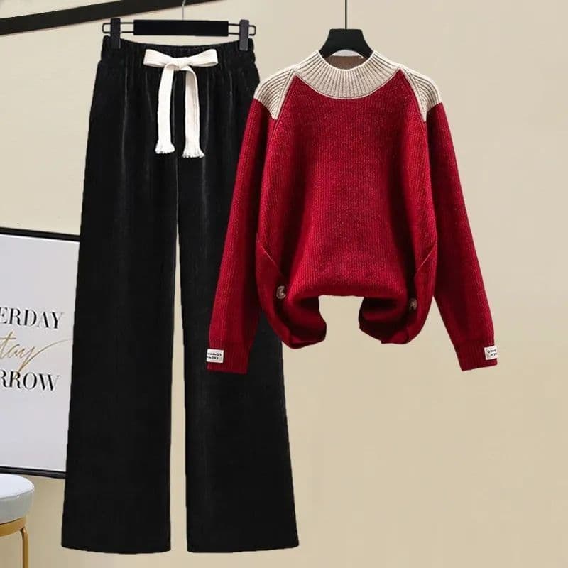 Plus Size Women's Spring Autumn Set Women 2026 New Slimming Loose Versatile Stitching Sweater Wide Leg Pants Two-Piece Set Trendy