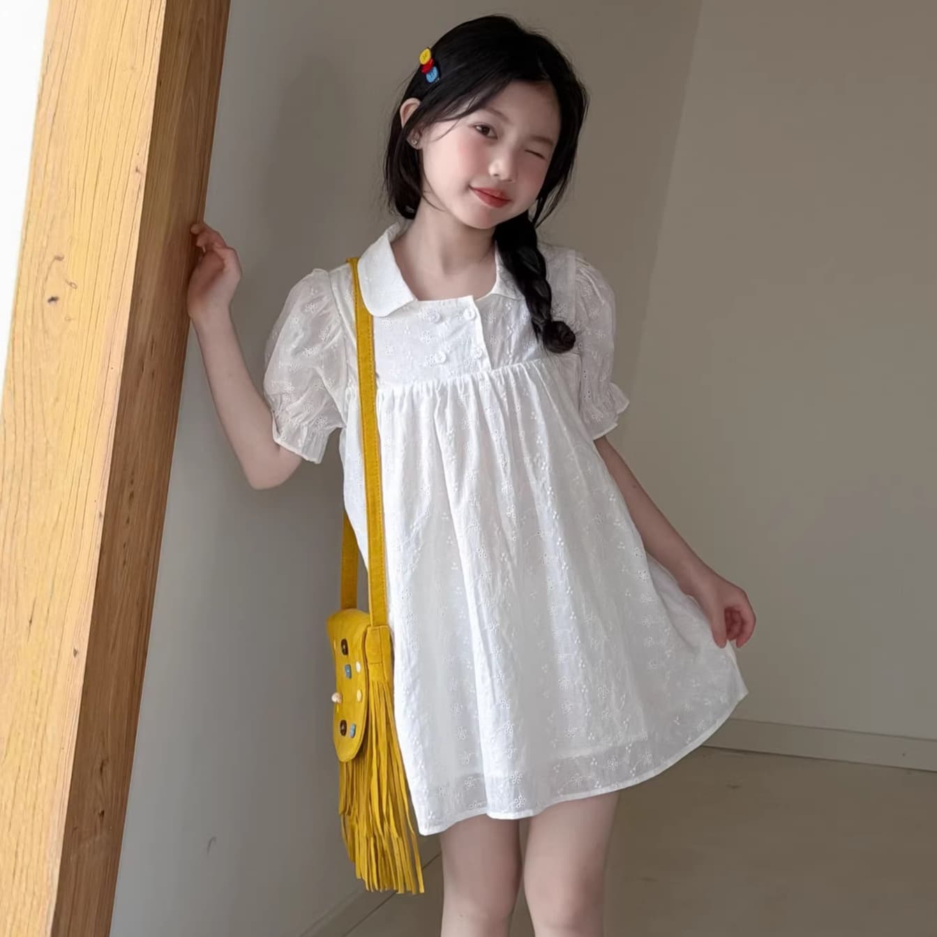 Girls' Peter Pan Collar Bubble Sleeve Dress 2026 Summer Style Children's Cotton White Dress Korean Loose Breathable Princess Dress