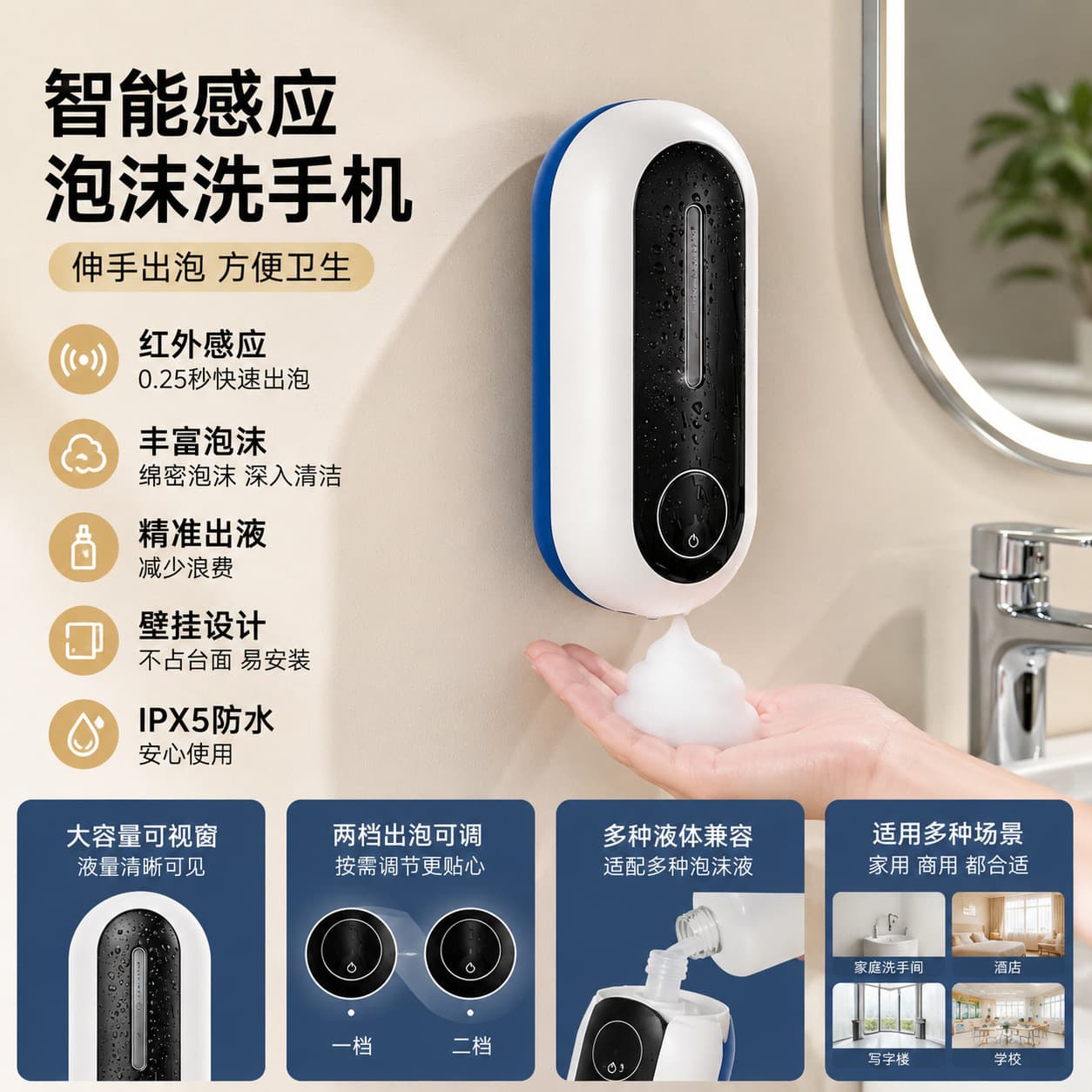 Electric Soap Dispenser, Smart Sensor Foam Hand Washing Machine, Contact-Free, Automatic Foaming, Waterproof and Splash-Proof, Bathroom and Kitchen