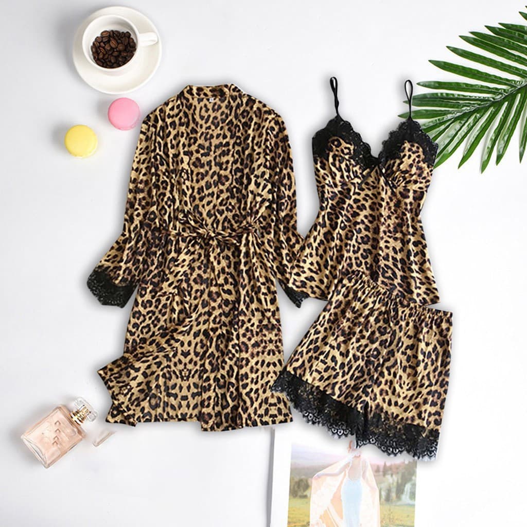New European and American Style Silk-like Black Leopard Print Loungewear Pajama Set with Fashion Lace Trim Pajama Set Wholesale